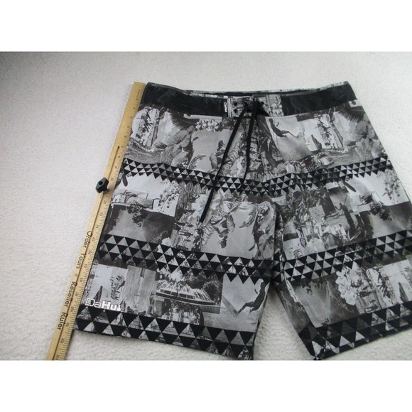 DaHui Shorts Mens 38 Black Gray Photo Print Boardshorts Surf Swim Drawstring - Picture 6 of 10